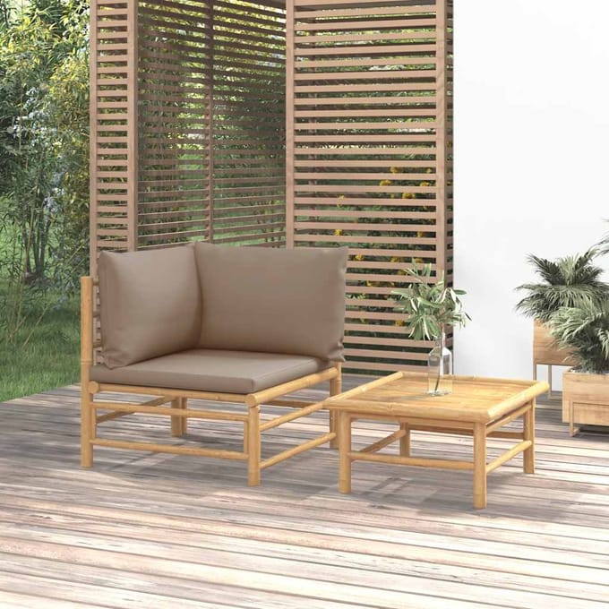 vidaXL - 2-delige - Loungeset - met - kussens - bamboe - taupe