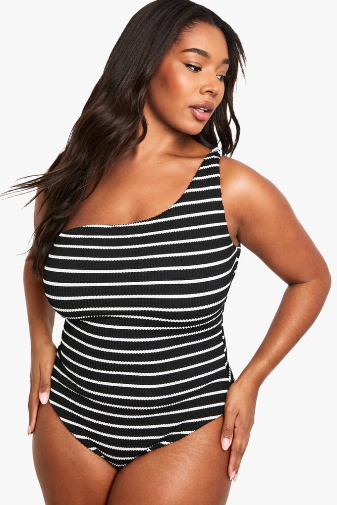 boohoo Dames PLUS GEKREUKELD GESTREEPT EENSCHOUDELijK BADKOSTUUM | Black | Maat: 28