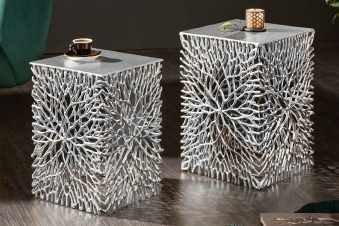 Filigraan bijzettafel set van 2 ABSTRACT LEAF 45cm zilver handgemaakt - 40612