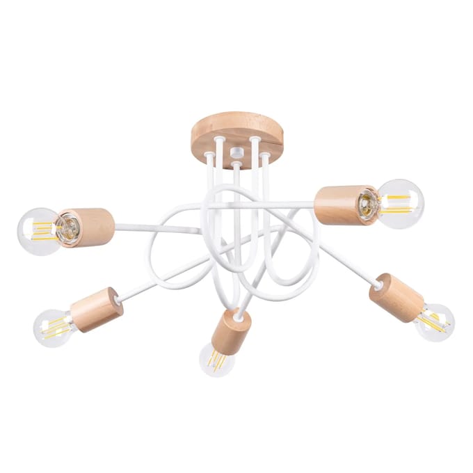 Kroonluchter EMBER 5 met 5 metalen armen en houten accenten - Sollux Lighting - IP20 - Wit/natuurlijk hout staal/hout behuizing - 15 x 61 x 26 cm - 5 x E27 LED, exclusief lichtbron - 5 x 15 W - Minimalistische kroonluchter voor gang, hal en woonkamer