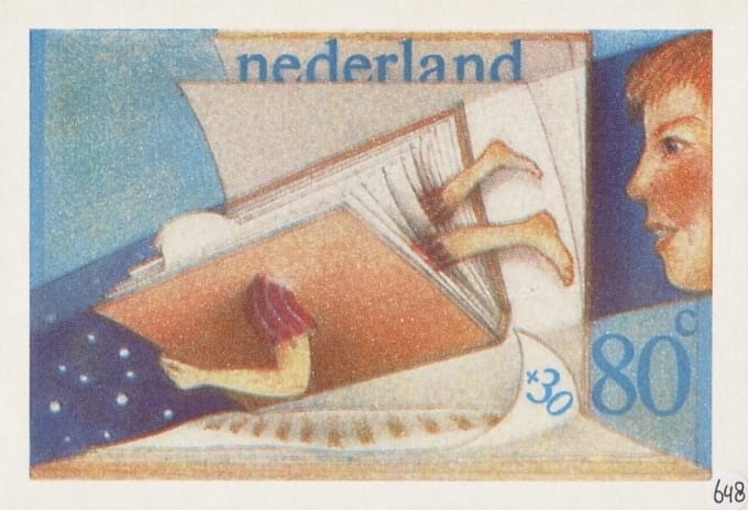 Briefkaart met afbeelding Wegdromen in een boek postzegel