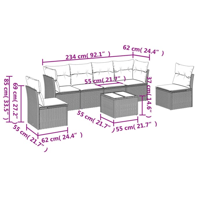 vidaXL - 7-delige - Loungeset - met - kussens - poly - rattan - beige