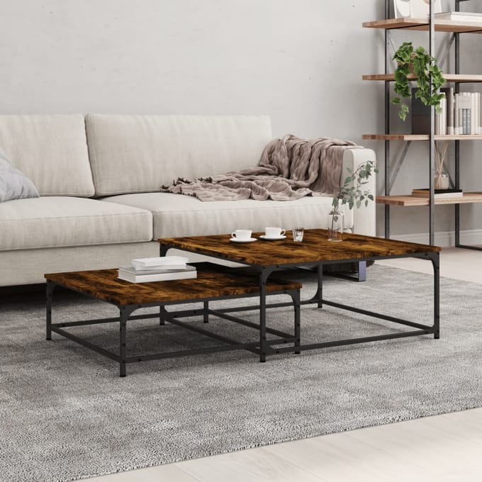 vidaXL - 2-delige - Tafeltjesset - bewerkt - hout - gerookt - eikenkleurig