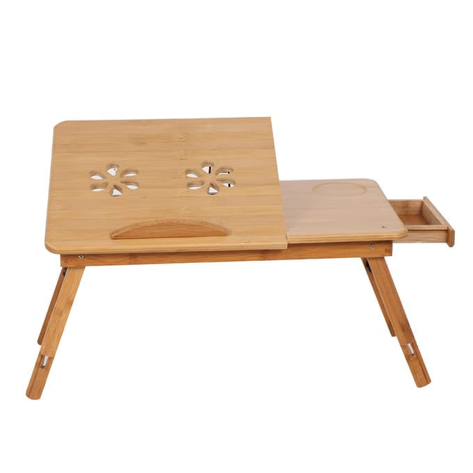 Draagbaar Opvouwbaar Bamboe Bed Laptop Bureau Verstelbaar Schoot Notitieboek Tafel Standaard Dienblad met Lade wit