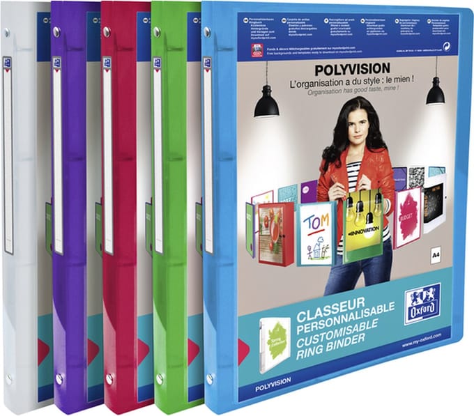 12 x Presentatieringband Oxford Polyvision A4 4-rings O-mech 15mm assorti