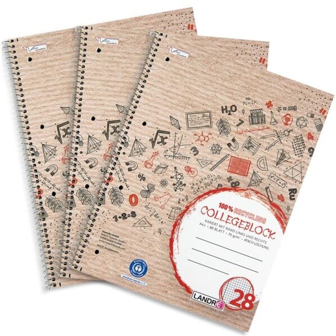 Herlitz gerecycled collegeonderlegger, A4+ formaat, 3 stuks, 80 vel per onderlegger, geruit, rood