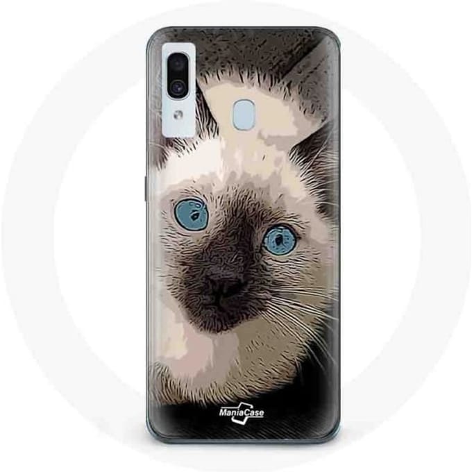 Coque pour Samsung Galaxy A20 Chat Siamois Noir et blanc aux Yeux Bleus