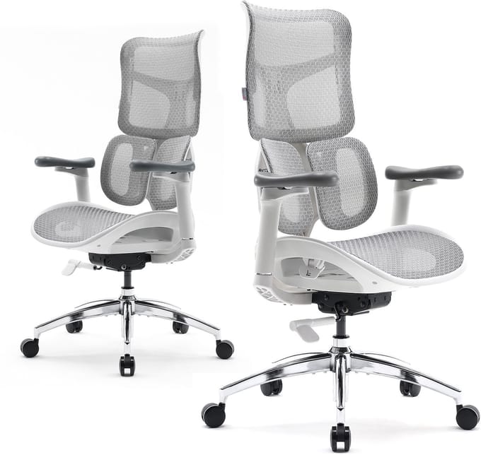 SIHOO S100C Ergonomische Bureaustoel - Dubbele Dynamische Lendensteun - 4D Gecoördineerde Armleuning - Gamestoel - Wit