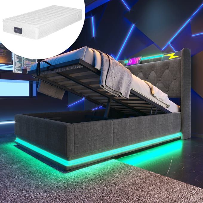 SINGULARITY-Gestoffeerd eenpersoonsbed- LDE90 x 200 cm- grijs linnen- hydraulisch opbergbed- hoofdbord met USB Type-C- inclusief matras