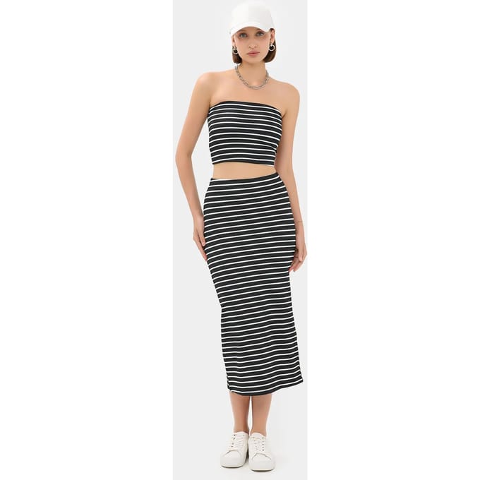 2 Stukken: Gestreepte Strapless Croptop & Gestreepte Mid Rise Midi Rok
