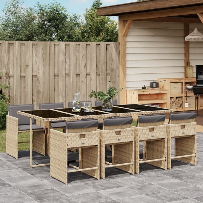 vidaXL - 9-delige - Tuinset - met - kussens - poly - rattan - gemengd - beige