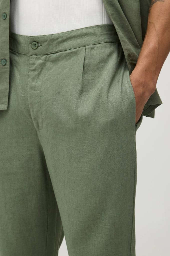 Slim Fit Half & Half Waist Linen Blend Trouser | Olive | Size Medium