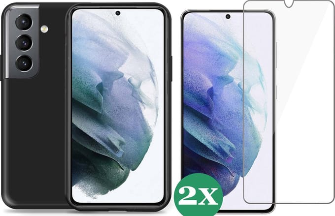 Hoesje geschikt voor Samsung Galaxy S21 FE - 2x Screenprotector Glas - Schokbestendig Zwart