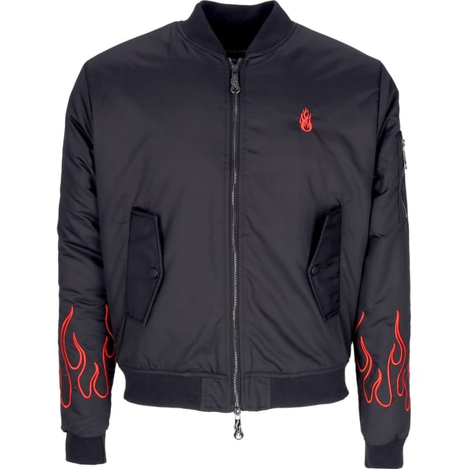 Heren bomberjack geborduurd vlammen bomber zwart/rood