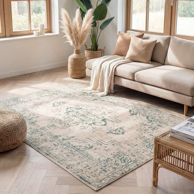 Fraai Vintage vloerkleed - Spring Ethnic Creme/Groen - 80x150cm