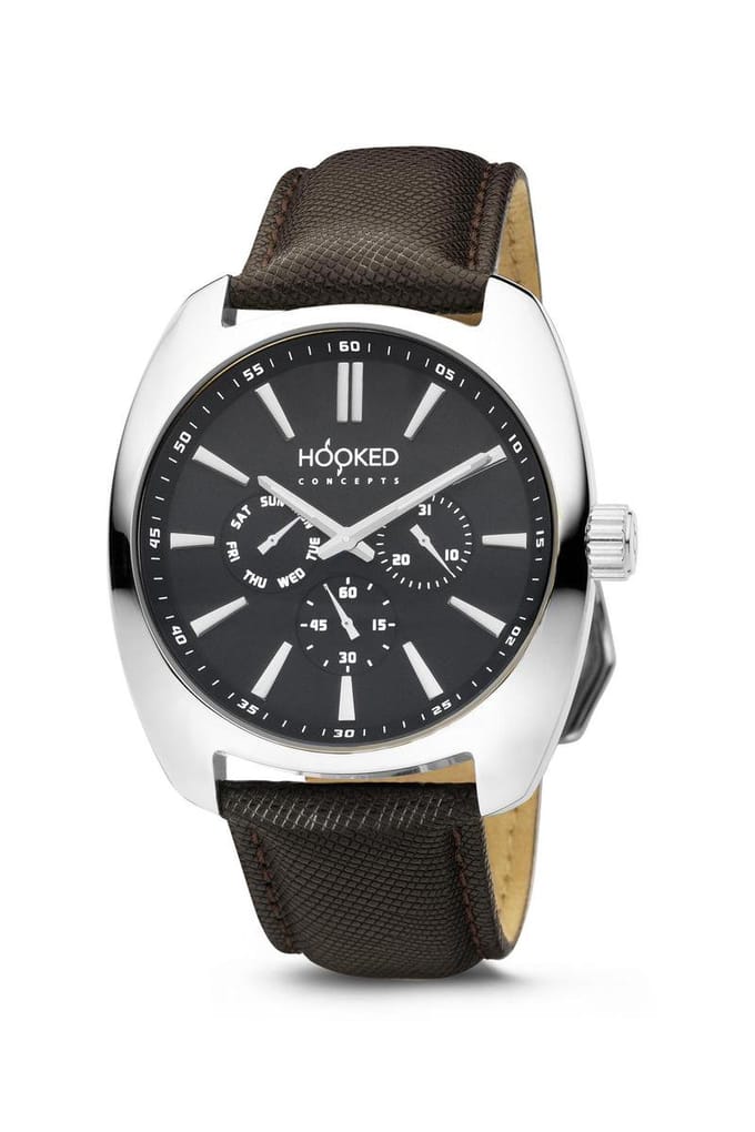 Hooked Concepts - Polshorloge Master Date - Zilver donker bruin - Leer