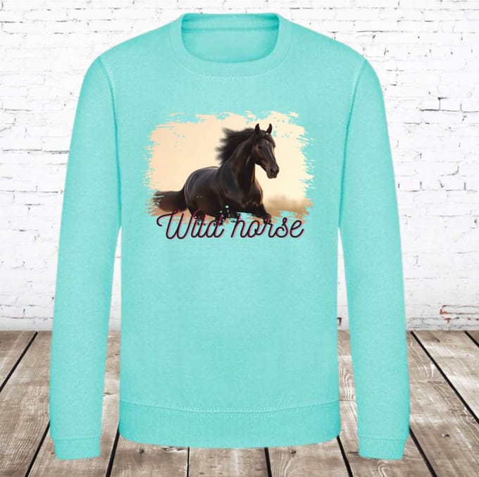 Trui met paarden afbeelding wild horses mint - Groen - 146/152