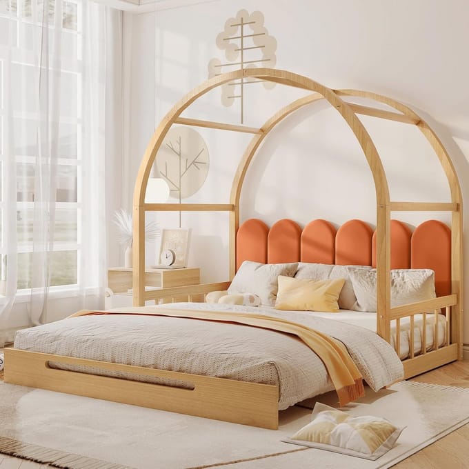 Uitschuifbaar Kinderbed met Gebogen Dak - Verstelbaar van 100 naar 200 cm - Grenen Houten Frame, Naturel & Oranje