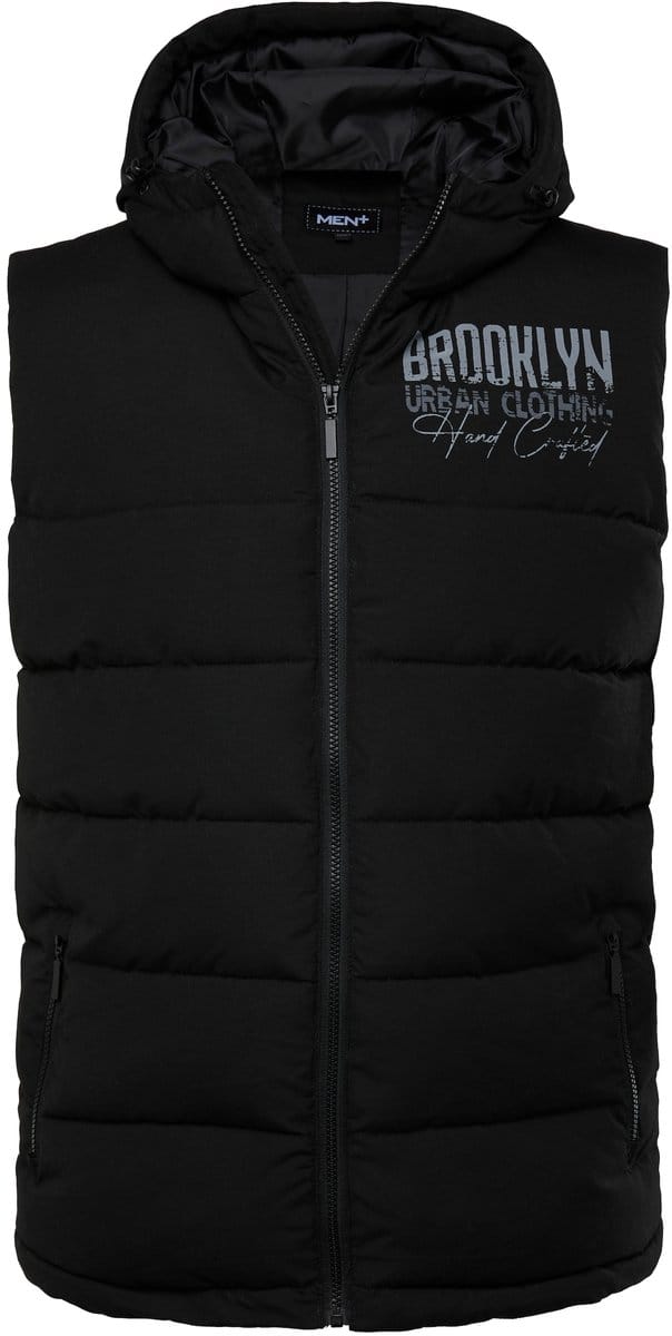 Men Plus - Heren - Gewatteerd vest capuchon borstprint - Zwart - Maat L