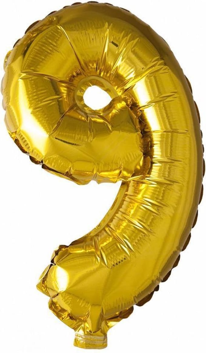 Folie Ballon Cijfer 9 Goud 41cm met rietje