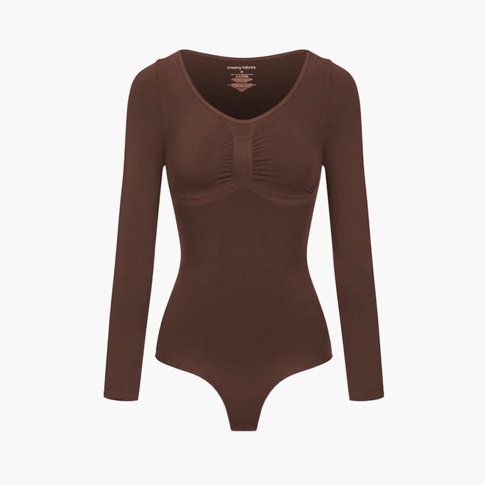cfab - Bodysuit met corrigerende werking, lange mouwen en strik - Bruin - M