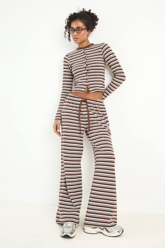 Dames Dsgn Studio Gestreepte Doorknoop Top Met Lange Mouwen | Mocha | Maat: 3XL