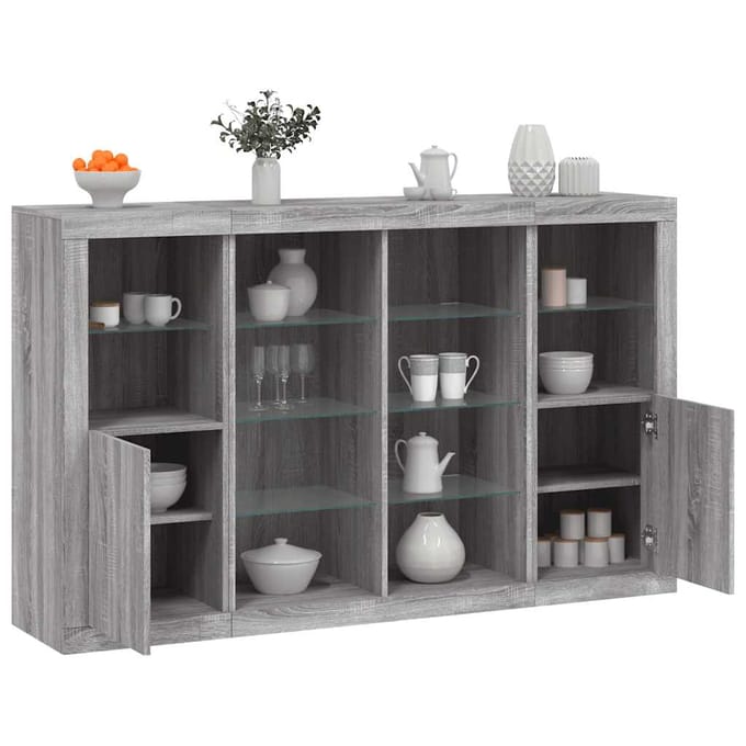 vidaXL - Dressoirs - met - LED-verlichting - 3 - st - bewerkt - hout - grijs - sonoma