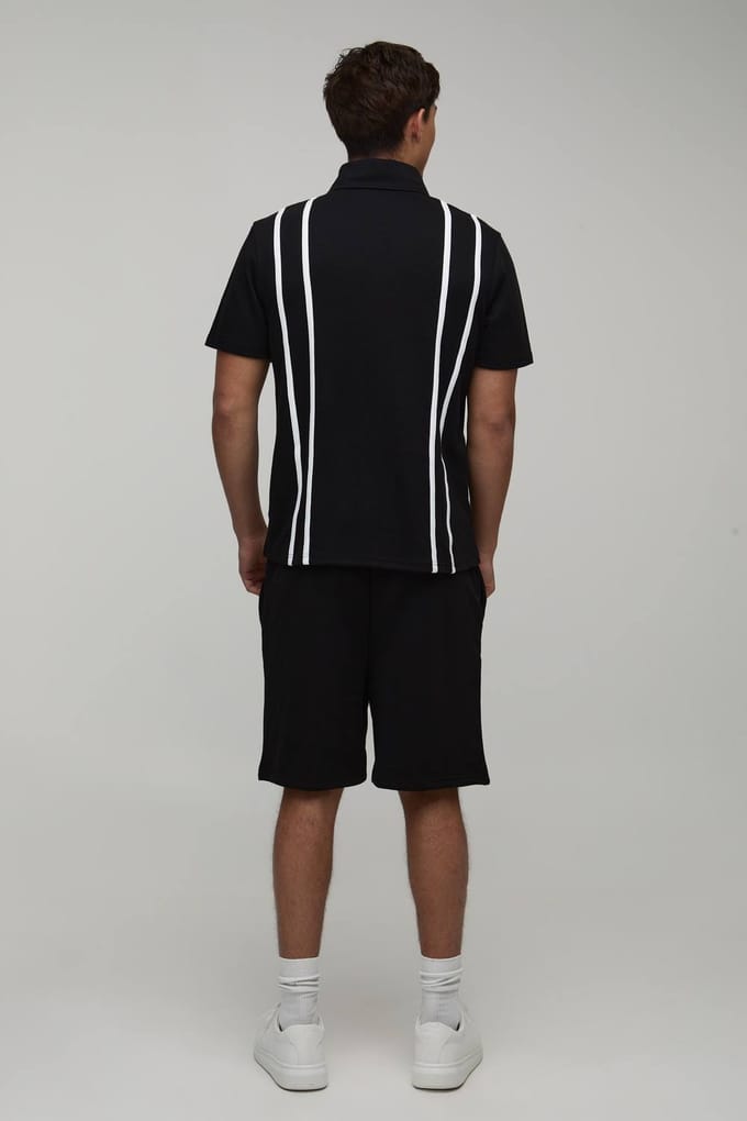 Regular Fit Polo & Jersey Short Set Met Rits En Strepen | Black | Size Medium