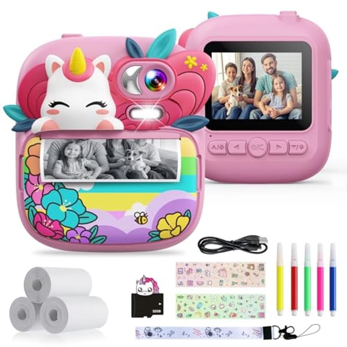 Instant kindercamera 1080p voor kinderen - 2,4 inch digitale camera met printerpapier en 32G-kaart