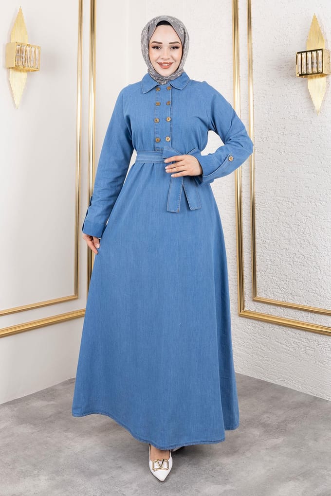 Knoop Detailed Denim Jurk Lichtblauw