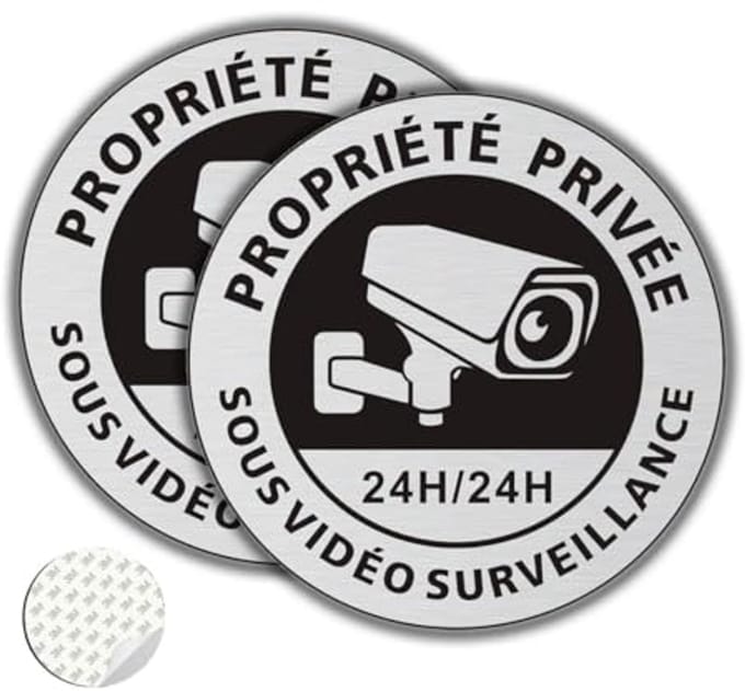 Private Property Surveillance Panel - Brushed Aluminum - 2 Pieces - φ167 mm - Self-Adhesive