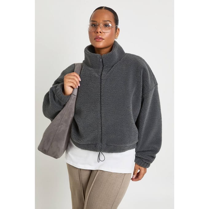 boohoo Dames Plus Boxy Teddy Bomberjack | Houtskool | Maat: 46