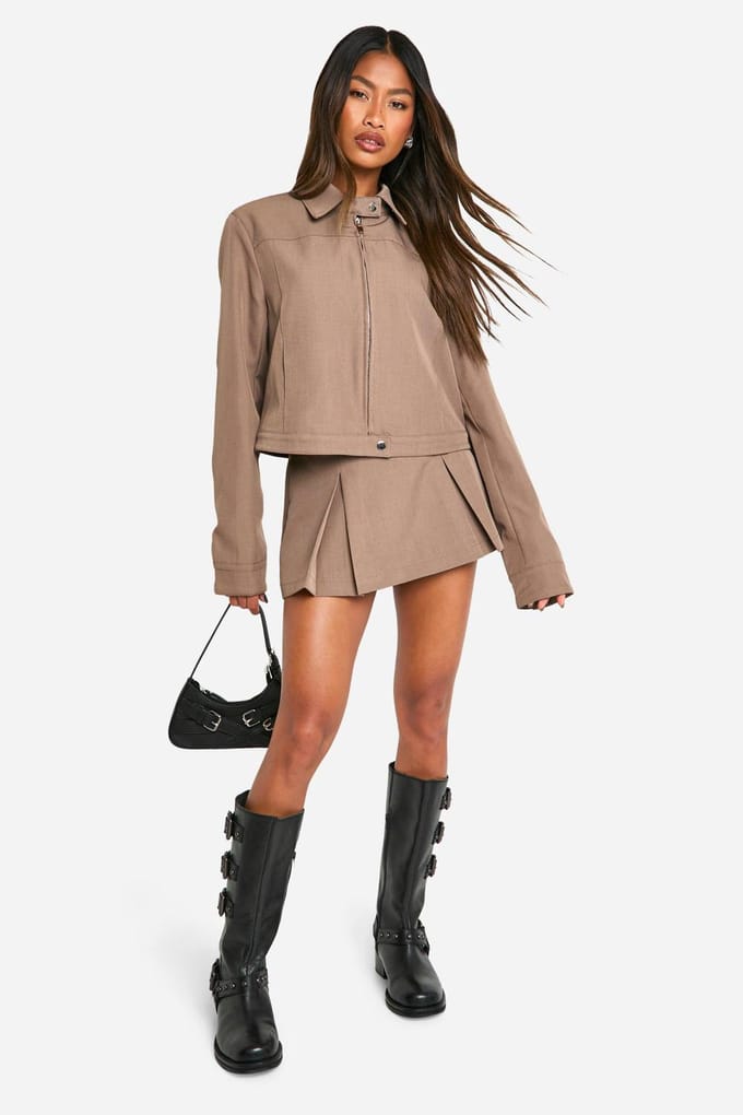 boohoo Dames Op maat gemaakte bomberjack met kraag | Mocha | Maat: 16