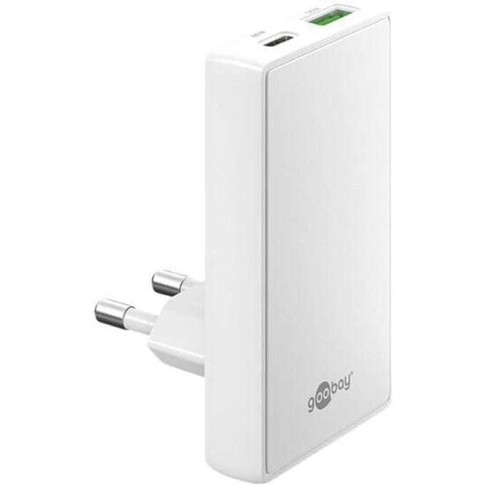Goobay 65 W USB-C PD GaN dual snellader 90° Flat wit, 1x USB-C poort (Power Delivery) en 1x USB-A poort (Quick Charge)