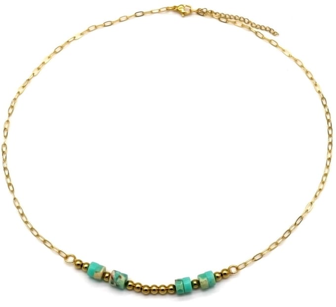 Ketting met Steentjes - RVS - Lengte 39-44 cm - Goudkleurig en Turquoise