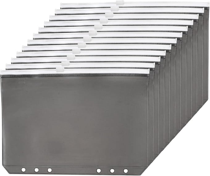 A5 Ring Binder - 12 Pcs PVC Zipper - 6 Holes Binder Folders - Document Waterproof Filing Storage - Loose Leaf Bags voor 6-Ring Notebook Folder - Zwart