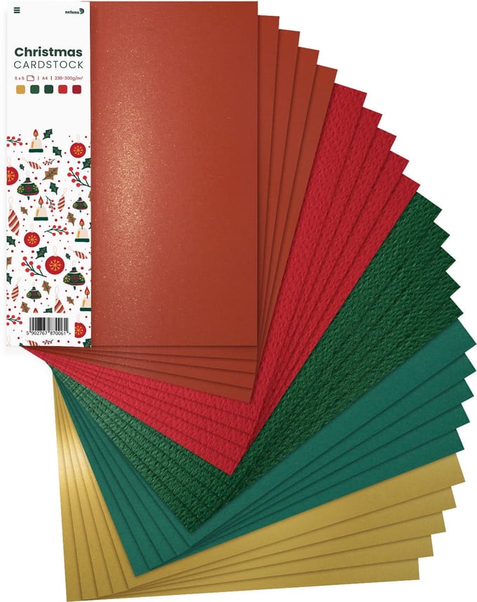Netuno - set gekleurd Bristol-karton in kerstkleuren - 5x5 - A4 - 21 x 29,7 cm - 25 vellen