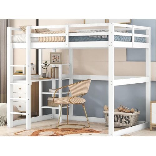 ModernLuxe Hoogslaper 140x200cm in massief hout - met bureau en planken - Wit