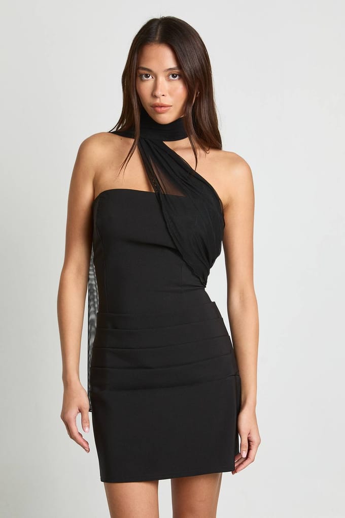 boohoo Dames Gaasstof Mix Gedrapeerde Mini Jurk | Black | Maat: 8