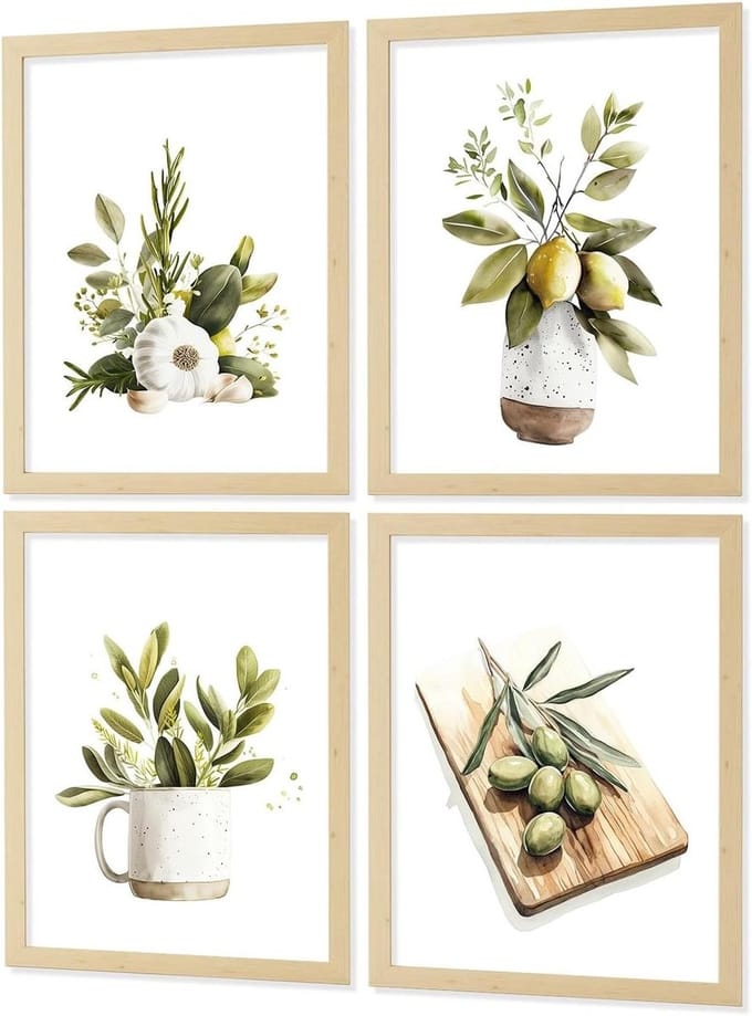Wanddecoratie Keuken Set - Aquarel Prints - Keuken Decoreren - Mediterrane Stijl - A4 Formaat - Multi