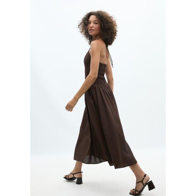 Stradivarius Midi-jurk met halter en kralendetail  Bruin M