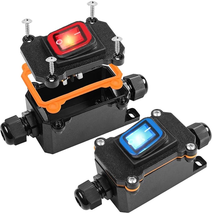 Waterdichte 2 stuks Inline Snoerschakelaar DPST 12V DC 20A met Rood/Blaauw Licht