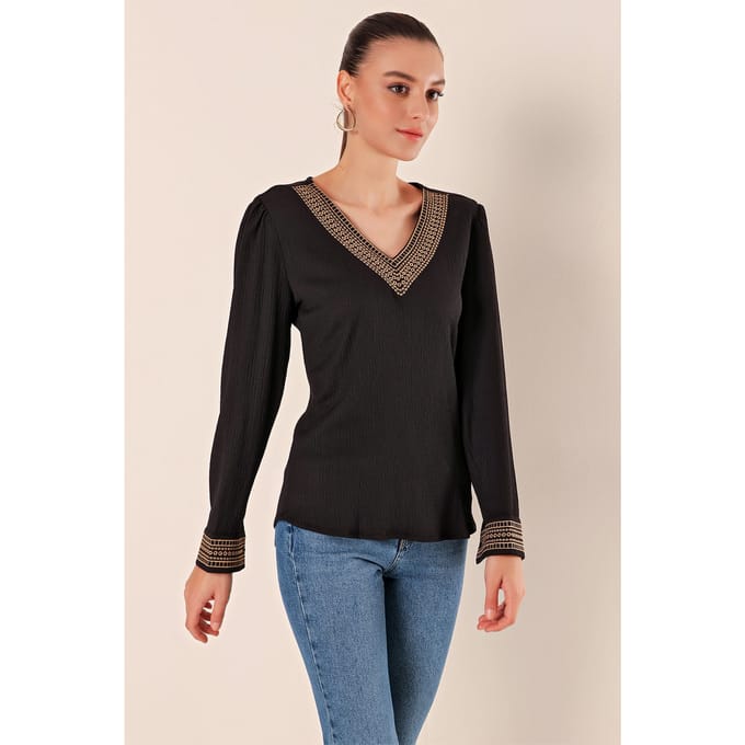 Geborduurde Textuur V-hals Blouse