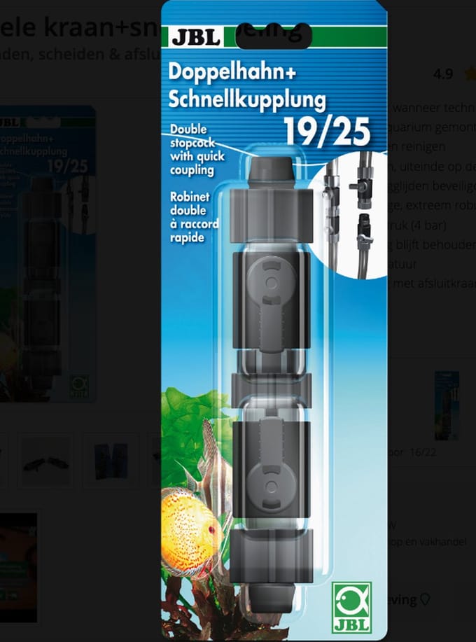 JBL dubbele kraan + snelkoppeling 19/25 Voor het verbinden, scheiden & afsluiten van slangen aan het aquarium