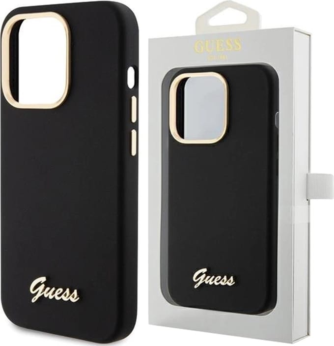 Guess - Siliconen - Script Metal Logo & Frame hoesje voor iPhone - 15 - Pro - zwart
