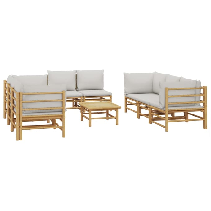 vidaXL - 9-delige - Loungeset - met - kussens - bamboe - lichtgrijs