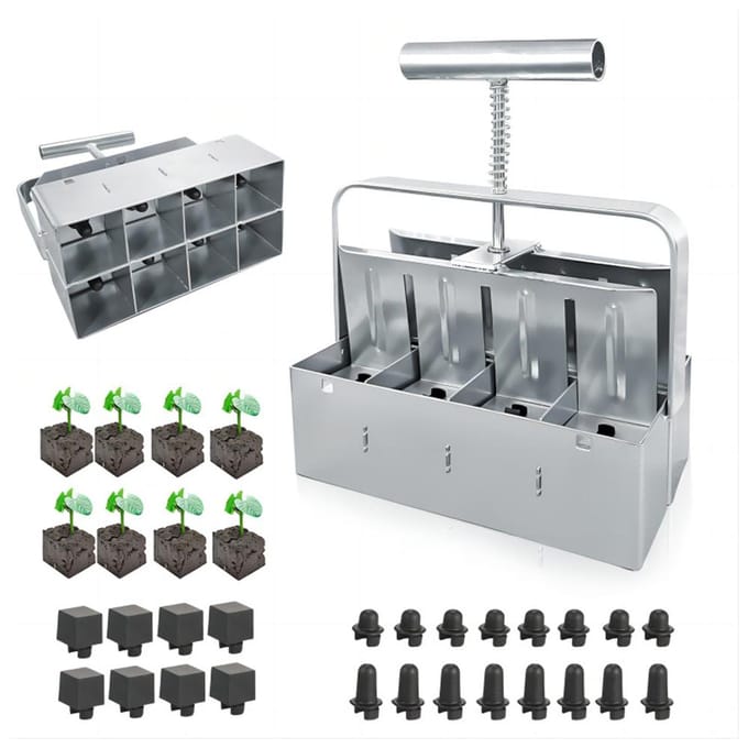 Bodemblokmaker 8-holte 2 inch Comfort-Grip-handgreep Handmatige zaadblokker Tuingereedschap met 3 zilver