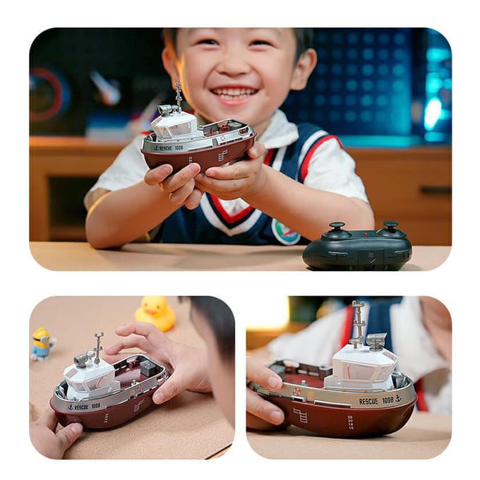 Afstandsbedieningsboot, 2,4GHZ 1:32 Waterdichte Mini Sleepboot met Lichtjes, Oplaadbaar Elektrisch Speelgoed voor bruin