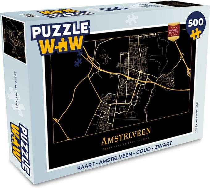 Puzzel Kaart - Amstelveen - Goud - Zwart - Legpuzzel - Puzzel 500 stukjes