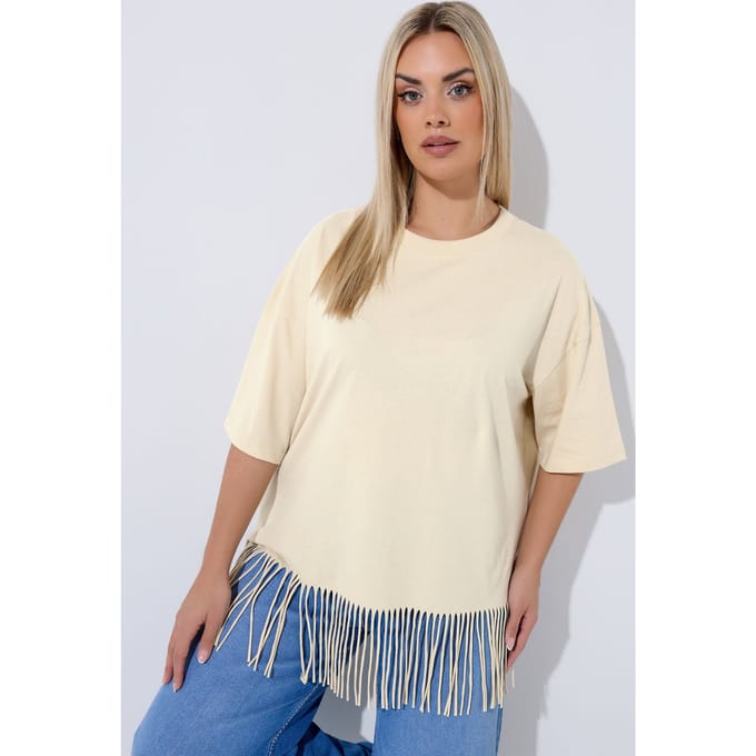 Limited Collection Natuurbruine Strandtop Met Kwastjes Size 46